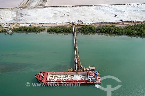  Picture taken with drone of the loading ferry with salt - Piranhas-Açu River  - Macau city - Rio Grande do Norte state (RN) - Brazil
