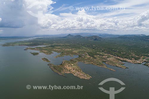  Picture taken with drone of the Armando Ribeiro Goncalves Dam  - Sao Rafael city - Rio Grande do Norte state (RN) - Brazil