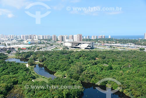  Aerial photo of the Municipal Natural Park Bosque da Barra with the Arts City - old Music City - in the background  - Rio de Janeiro city - Rio de Janeiro state (RJ) - Brazil