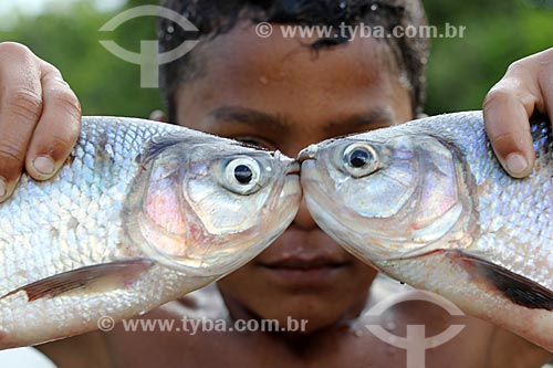  Riverine child holding fish - Bom Jesus Riparian Community - Uacari Sustainable Development Reserve  - Carauari city - Amazonas state (AM) - Brazil