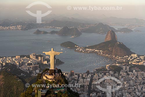  Aerial photo of the Christ the Redeemer (1931) with the Sugarloaf in the background  - Rio de Janeiro city - Rio de Janeiro state (RJ) - Brazil