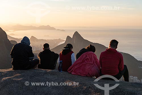  Group of people on the summit of Pedra Bonita (Bonita Stone) observing view with the Morro Dois Irmaos (Two Brothers Mountain) in the background  - Rio de Janeiro city - Rio de Janeiro state (RJ) - Brazil