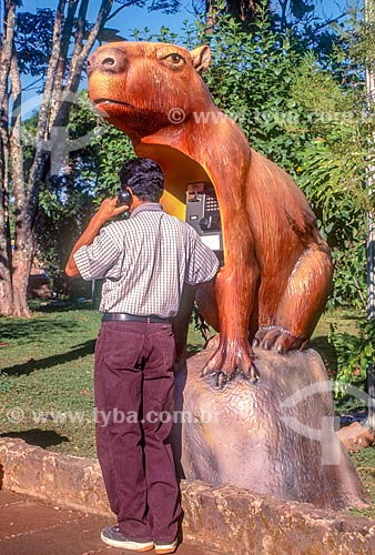  Man using public telephone as a capybara - 90s  - Chapada dos Guimaraes city - Mato Grosso state (MT) - Brazil