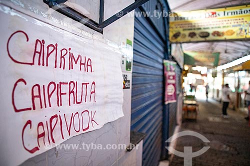  Detail of placard that says: Caipirinha, Caipiruta and Caipivodk - Luiz Gonzaga Northeast Traditions Centre  - Rio de Janeiro city - Rio de Janeiro state (RJ) - Brazil