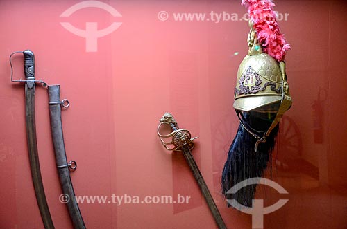  Detail of Peter I Guards sword and helmet on exhibit - Conde de Linhares Military Museum (1921) - part of the permanent collection Weapons Evolution  - Rio de Janeiro city - Rio de Janeiro state (RJ) - Brazil