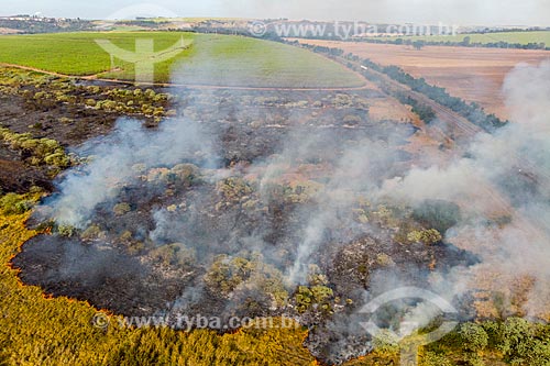 Picture taken with drone of the burned in pasture in the countryside of São Paulo  - Torrinha city - Sao Paulo state (SP) - Brazil