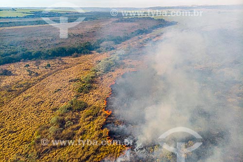  Picture taken with drone of the burned in pasture in the countryside of São Paulo  - Torrinha city - Sao Paulo state (SP) - Brazil
