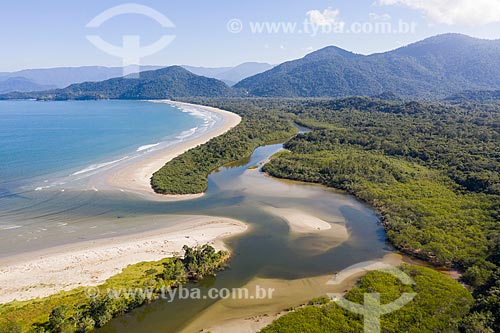  Picture taken with drone of the mouth of Picinguaba River and Fazenda Beach  - Ubatuba city - Sao Paulo state (SP) - Brazil