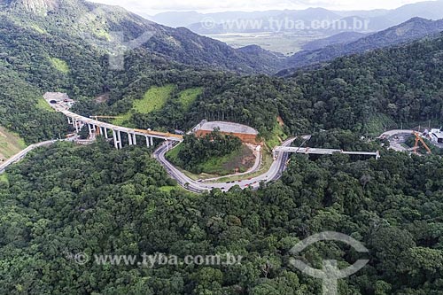  Picture taken with drone of the Tamoios Highway (SP-099) duplication construction site - stretch of Mar Mountains  - Caraguatatuba city - Sao Paulo state (SP) - Brazil