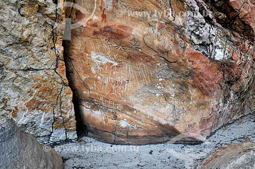  Detail of rupestrian paintings and petroglyphs - Pata da Onça Archaeological Site - Bom Jardim Mountain Range  - Alcinopolis city - Mato Grosso do Sul state (MS) - Brazil