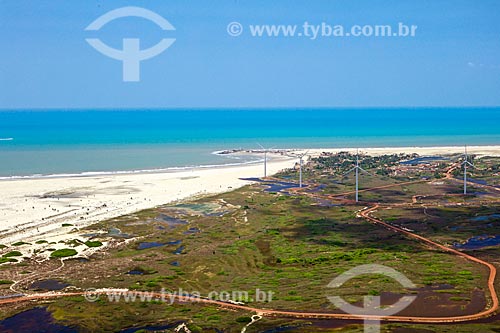  View of the aerogenerators of Pedra do Sal Wind Complex near to Pedra do Sal Beach  - Ilha Grande city - Piaui state (PI) - Brazil