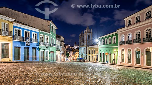 View of lighted historic houses in Pelourinho - Our Lady of Rosario dos Pretos Church (XVIII century) in the background
