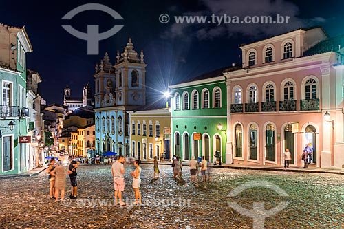 View of lighted historic houses in Pelourinho - Our Lady of Rosario dos Pretos Church (XVIII century) in the background