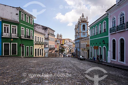 View of historic houses in Pelourinho - Our Lady of Rosario dos Pretos Church (XVIII century) in the background