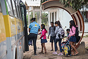  Indigenous children getting on school bus - Tupiniquim ethnic group Pau Brasil  - Aracruz city - Espirito Santo state (ES) - Brazil