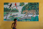  Child running in restaurant - in the background typical painting of the Amazon region  - Manacapuru city - Amazonas state (AM) - Brazil