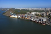 Picture taken with drone of cargo ships in the Port of Vila Velha - Pedra do Penedo in the background - Vila Velha city - Espirito Santo state (ES) - Brazil