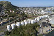 Picture taken with drone of oil tanks and railroad of Companhia Vale in the port region of Vila Velha - Vila Velha city - Espirito Santo state (ES) - Brazil
