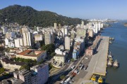 Picture taken with drone of the city center - on the left Anchieta Palace and Barbara Lindenberg stairs and disabled port docks - Vitoria city - Espirito Santo state (ES) - Brazil