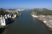 Picture taken with drone of the Bay of Vitoria that separates the municipalities - center of Vitoria on the left and Pedra do Penedo with port of Vila Velha on the right - Vitoria city - Espirito Santo state (ES) - Brazil