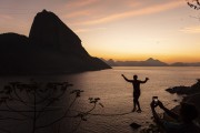 Practitioner of slackline with the Sugarloaf in the background at dawn - Rio de Janeiro city - Rio de Janeiro state (RJ) - Brazil