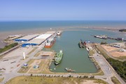 Picture taken with drone of the Portocel Terminal - Port specialized in pulp shipment - Aracruz city - Espirito Santo state (ES) - Brazil