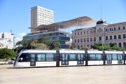Light rail transit transiting on Maua Square with the Art Museum of Rio (MAR) in the background - Rio de Janeiro city - Rio de Janeiro state (RJ) - Brazil