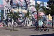 Cyclists with the Ethnicities Wall - Mayor Luiz Paulo Conde Waterfront in the background - Rio de Janeiro city - Rio de Janeiro state (RJ) - Brazil