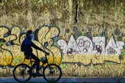 Cyclist wearing protective mask against Covid 19 - Coronavirus Crisis  - Porto Alegre city - Rio Grande do Sul state (RS) - Brazil