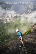 Climber during the climbing to Corcovado Mountain - Rodrigo de Freitas Lagoon in the background - Rio de Janeiro city - Rio de Janeiro state (RJ) - Brazil