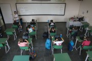 Private school classroom with distance between desks and reduced presence of students due to the Coronavirus crisis - Sorocaba city - Sao Paulo state (SP) - Brazil
