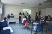 Private college classroom with part of the students in face-to-face class and the other part in remote class due to the Coronavirus crisis - Sorocaba city - Sao Paulo state (SP) - Brazil