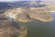 Picture taken with drone of water intake in the Jati Reservoir of the Transposition of the Sao Francisco River to supply the CAC - Cinturao de Águas do Ceará - Jati city - Ceara state (CE) - Brazil