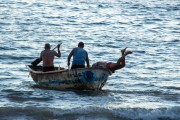 Fishermen on fishing boat - Fishing village Z-13 - on Post 6 of Copacabana Beach - Rio de Janeiro city - Rio de Janeiro state (RJ) - Brazil