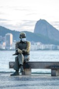 Statue of the poet Carlos Drummond de Andrade with protective mask against Covid 19 - Rio de Janeiro city - Rio de Janeiro state (RJ) - Brazil