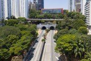 Picture taken with drone of the Avenue and Nove de Julho Tunnel with the Sao Paulo Art Museum Assis Chateaubriand in the background - project by Lina Bo Bardi - Sao Paulo city - Sao Paulo state (SP) - Brazil