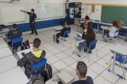 High school classroom with distance between chairs and students wearing protective masks because of Covid 19 - Sao Paulo city - Sao Paulo state (SP) - Brazil