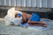 Homeless sleeping on Copacabana sidewalk - Rio de Janeiro city - Rio de Janeiro state (RJ) - Brazil