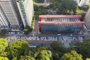 Picture taken with drone of inscription on the asphalt of Paulista Avenue in front of MASP with the phrase Black Lives Matter - Sao Paulo city - Sao Paulo state (SP) - Brazil