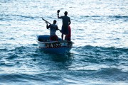 Fishermen on fishing boat - Fishing village Z-13 - on Post 6 of Copacabana Beach - Rio de Janeiro city - Rio de Janeiro state (RJ) - Brazil