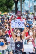 Protester holding a sign that reads (Bozo Lixo) - Demonstration in opposition to the government of President Jair Messias Bolsonaro - Rio de Janeiro city - Rio de Janeiro state (RJ) - Brazil