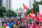 Demonstration in opposition to the government of President Jair Messias Bolsonaro - Our Lady of Candelaria Church (1609) in the background - Rio de Janeiro city - Rio de Janeiro state (RJ) - Brazil