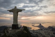 Picture taken with drone of the Christ the Redeemer with the Sugarloaf in the background at dawn - Rio de Janeiro city - Rio de Janeiro state (RJ) - Brazil