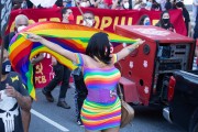 Protester wearing dress with colors of the Rainbow, symbol of the LGBTQIA+ movement - Demonstration in opposition to the government of President Jair Messias Bolsonaro - Rio de Janeiro city - Rio de Janeiro state (RJ) - Brazil