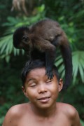 Child with a Capuchin monkey - Mamiraua Sustainable Development Reserve - Uarini city - Amazonas state (AM) - Brazil