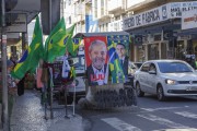 Street vendor stall selling Lula and Bolsonaro posters on the sidewalk of Santa Rita Street - Juiz de Fora city - Minas Gerais state (MG) - Brazil