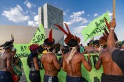 Indigenous groups of various ethnicities camp in Brasilia promoting marches on the Esplanade of Ministries to Three Powers Square where they protest against the time frame, in a process at the Federal Supreme Court - headquarters of the Judiciary (STF) - Brasilia city - Distrito Federal (Federal District) (DF) - Brazil