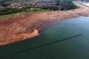 Picture taken with drone of the ruins of the old railway station of the former Rubineia that were submerged and that reappeared in the Parana River - Rubineia city - Sao Paulo state (SP) - Brazil