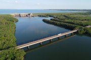 Picture taken with drone of the Bridge over the Tiete River on the BR-153 (Tranbrasiliana) highway, between the municipalities of Ubarana on the left and Promissao on the right - Promissao Hydroelectric Power Plant in the background - Ubarana city - Sao Paulo state (SP) - Brazil