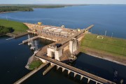 Picture taken with drone of the Promissao Hydroelectric Power Plant (also called Mario Lopes Leao Hydroelectric Power Plant) on the Tiete River - Promissao city - Sao Paulo state (SP) - Brazil